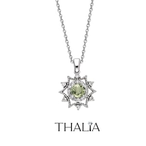 14K-Gold Sapphire and Diamond Necklace, 14k Round Green Sapphire with Surrounding Diamonds Pendant, Genuine Sapphire Necklace, Gold Pendant