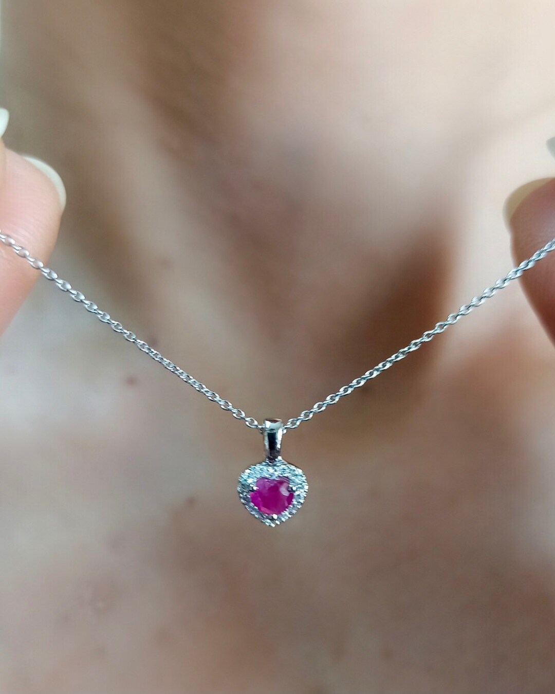 Natural Ruby Diamond Heart Necklace 14K Minimalist Diamond - Etsy