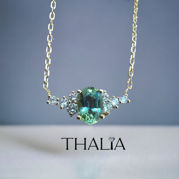 Oval Green Sapphire Necklace, 14k Gold Oval Green Sapphire with Diamonds Pendant, Genuine Sapphire Cluster Necklace,Gold Pendant For Her