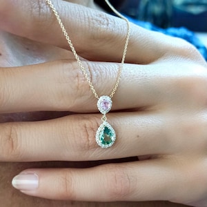 Green Sapphire Necklace,14K Gold Pink sapphire, Diamond Necklace,Teardrop Sapphire ,Multicolor , Diamonds Pendant,Genuine Sapphire