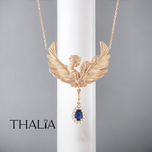 Sapphire Necklace,Sapphire Feather,Necklace  14k Gold / Diamond Sapphire Necklace / Unique Diamond Necklace/Art Nouveau Necklace / for her
