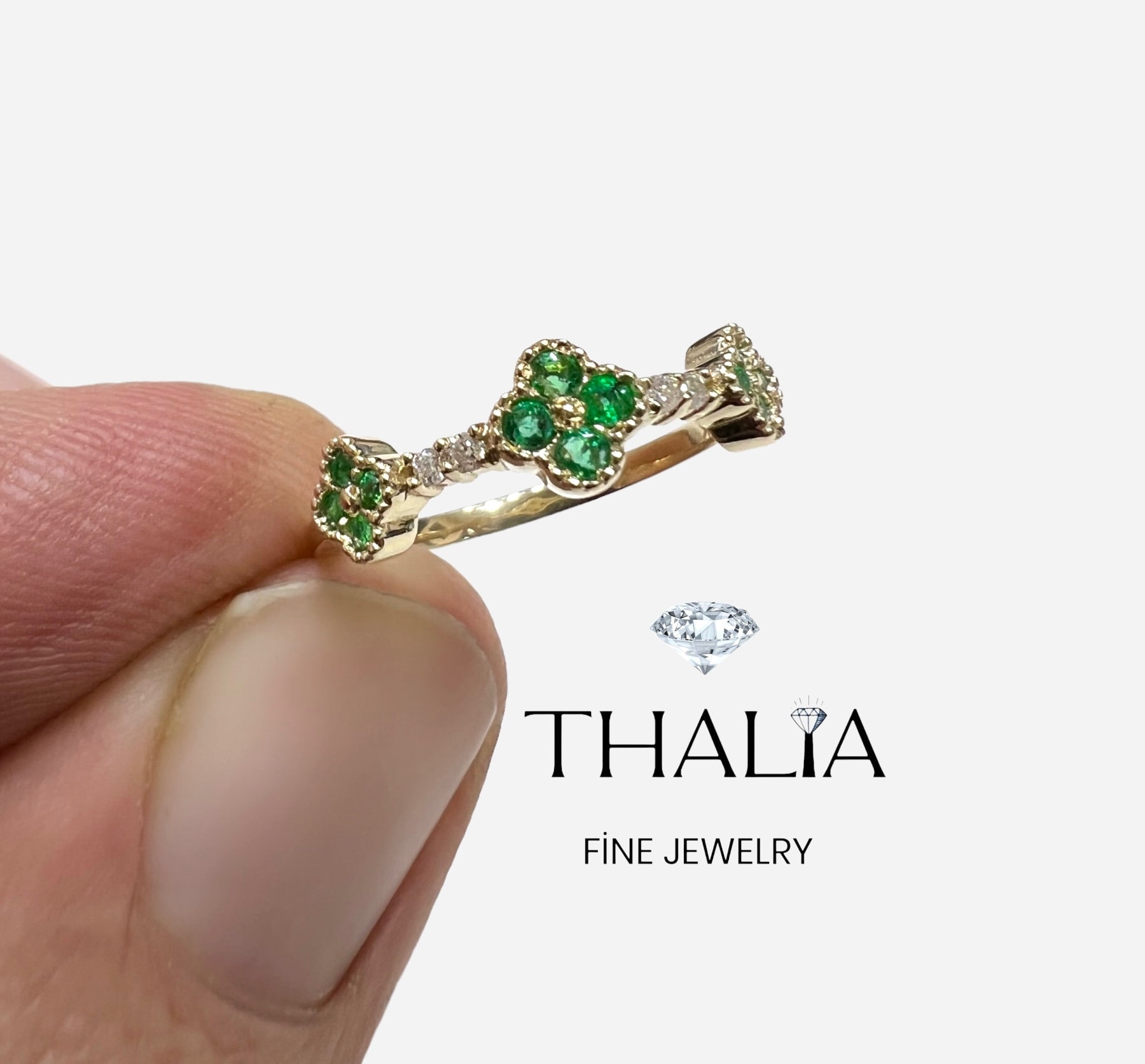 Clover Emerald Ring , Vintage Gold Ring , Handmade Diamond Ring , Gift for her , 14k Yellow Gold , Anniversary Ring , Wedding Ring