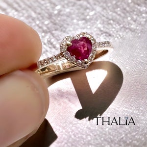 Natural Ruby Heart cut 14 K Solid Gold Ring,Ruby and Diamond Heart Ring,Tiny Ruby  Heart Diamond Ring,Diamond Charm Ring,Mom gift , mother
