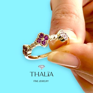 Amethyst Clover Ring / Half Eternity Amethyst and Diamond Ring in 14k Gold / Stacking Ring /Amethyst Stackable Ring / February Birthstone,