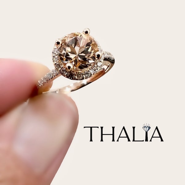 14K Rose Gold Morganite Engagement Ring, Natural Diamond Halo
