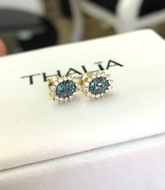 Blue Diamond 14K White Gold Earrings, Solid Gold