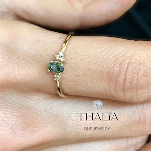 Teal Sapphire Ring,14K Gold Natural Green Sapphire Diamond Ring, Gold Cluster ring, Oval Saphire ring, sapphire cluster ring,Gift