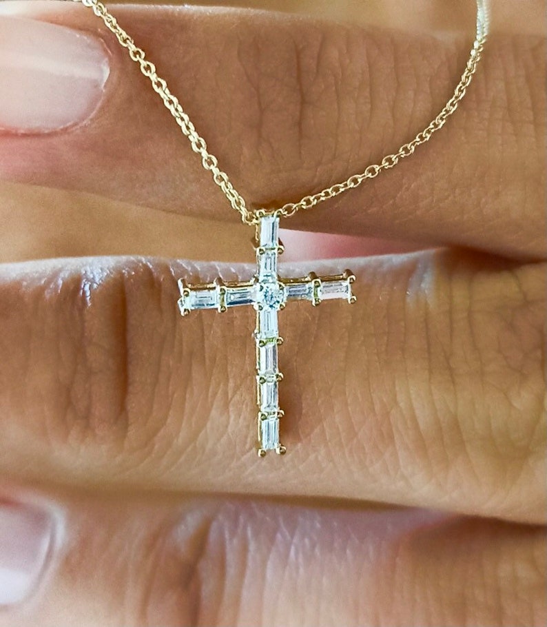 14K-Gold Baguette Diamond Cross Necklace 14k gold Baguette Diamond Tiny Cross Necklace Unique Diamond Cross Pendant Baptism Gift