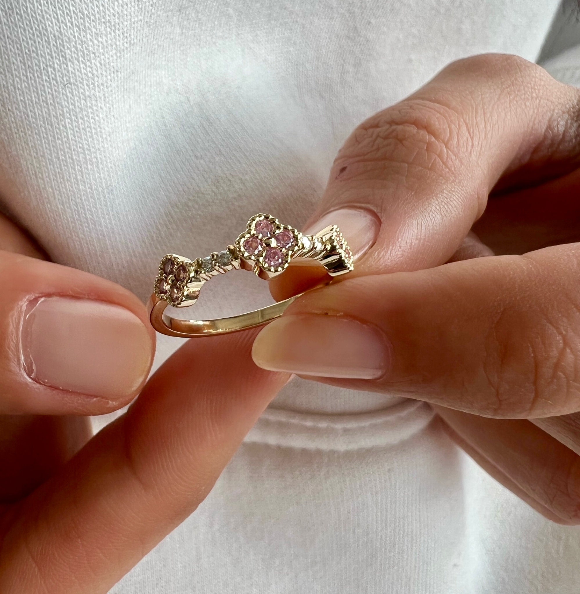 Clover Ring /Half Eternity ,Pink Sapphire ,Ring in 14k Gold /Stacking Ring/Pink Stackable Ring/September Birthstone