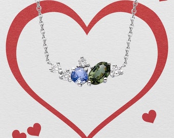 14K Gold Sapphire Diamond Cluster Necklace, Layering Necklace