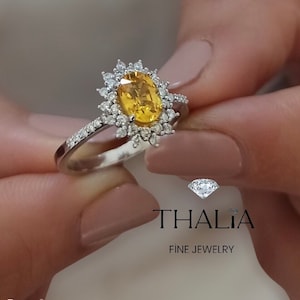 Yellow Sapphire Ring,14k Oval Yellow Natural Sapphire and Diamond Ring,14k Sapphire Engagement Ring, September Birthstone Ring,Wedding
