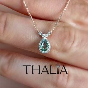 Green Sapphire Necklace,14K Gold Diamond Necklace,Teardrop Sapphire with Surrounding Diamonds Pendant,Genuine Sapphire Necklace,Gold Pendant