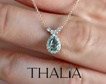 Green Sapphire Necklace,14K Gold Diamond Necklace,Teardrop Sapphire with Surrounding Diamonds Pendant,Genuine Sapphire Necklace,Gold Pendant