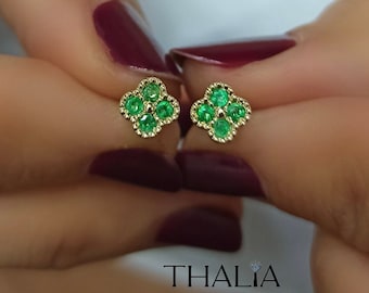 Clover Earring/ Emerald Earring in 14k Gold / Stud Earring/ Emerald Stud Earring/ Clover earring /Valentine's Day Gift for her/14k earring