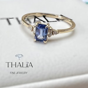 14K Gold Baguette Sapphire Ring, Diamond Accent, September Birthstone