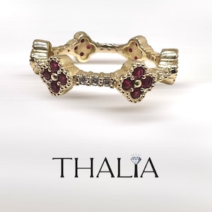 Clover Ring / Full Eternity Ruby and Diamond Ring in 14k Gold / Stacking Ring / Ruby Stackable Ring / July Birthstone,Valentine&#39;s Day