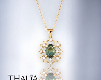 Oval Green Sapphire Necklace, 14k Gold Diamond Pendant