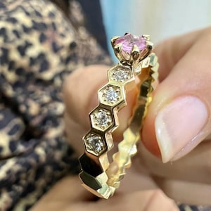 Pink Sapphire Ring/14k Solid Gold Natural Pink Sapphire and Diamond Solitaire Ring/Honeycomb Diamond Ring/ Sapphire Jewelry/Valentines Day
