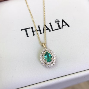 Emerald Diamond Necklace, 14K Gold Emerald Necklace With Surrounding Diamonds, May Birthstone Gift, Delicate Natural Emerald Necklace
