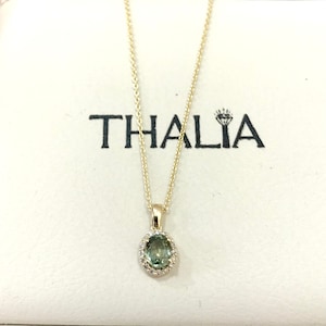 Green Sapphire Necklace, 14k Gold Oval Green Sapphire With Diamonds Pendant, Genuine Sapphire Cluster Necklace,Gold Pendant For Her