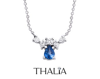 14K Blue Sapphire Necklace,14K Teardrop Blue Sapphire diamond Cluster Necklace,Solid Gold Necklace,Gift for her