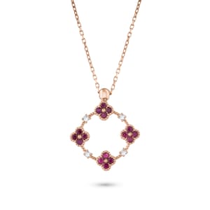 Rose Gold Ruby Floral Necklace with Diamond Accents | Handmade Ruby Pendant