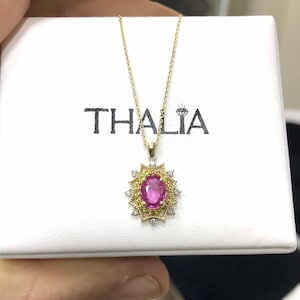 Pink Sapphire Necklace, 14 K Oval Pink Sapphire ,Surrounding Yellow Diamond ,white diamond .Pendant, Genuine Sapphire Necklace,Gift for her