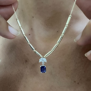 14K Gold Sapphire Necklace - Marquise Diamond Pendant