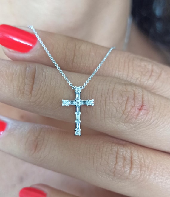 Diamond Baguette Cross Necklace 14k Gold Diamond Cross - Etsy