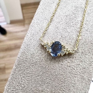 14K Gold Oval Sapphire Necklace, Diamond Cluster