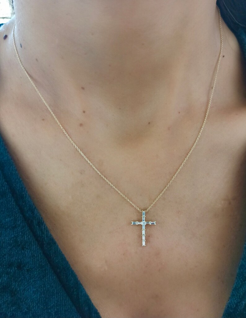 14K-Gold Baguette Diamond Cross Necklace 14k gold Baguette Diamond Tiny Cross Necklace Unique Diamond Cross Pendant Baptism Gift