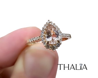 Pear Peach Morganite Ring, 14K Yellow Gold Diamond Halo Engagement Ring