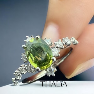 Green Sapphire Ring,14K-Gold Sapphire Ring,Oval Green Sapphire Ring with Diamonds,Natural Green Sapphire and Diamond Ring,Christmas Day Gift