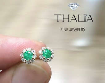 14K Gold Emerald Diamond Stud Earring,Emerald Earring Surrounding Diamonds,Solid Gold Earrings,Emerald and Diamond Stud Earrings,for her