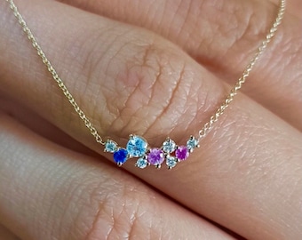 Sapphire Diamond Cluster Necklace, 14K Gold Layering Necklace