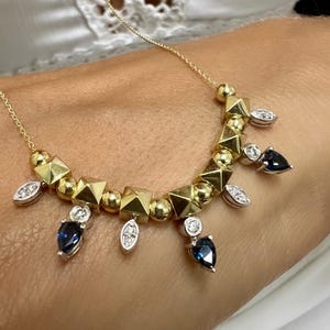 Sapphire Necklace,14k Solid Gold Natural Sapphire And Diamond Necklace,Elegant 14k Gold Necklace with Drop Sapphire and Diamonds,FOR HER