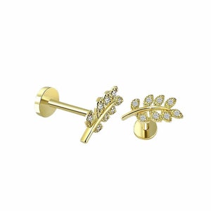 Piercing, diamante, diamante azul oro de 14 quilates, piercing de hoja, piercing minimalista para trago, piercing de botón dorado, piercing de botón para oreja, pendiente de botón con forma de flor.