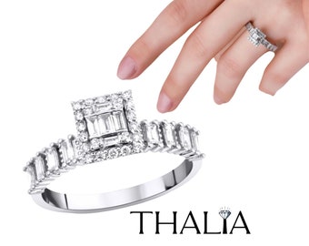 14K Gold Baguette Diamond Statement Ring, Unique Wedding Ring