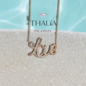 Love Diamond Necklace,14k Cursive Diamond Love Necklace, Rose Gold Diamond Necklace, Minimalist Love Necklace, Dainty Love Necklace,for her
