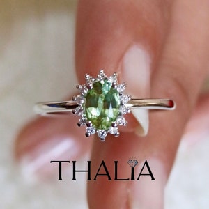 14K-Gold Sapphire Ring, Oval Green Sapphire Ring with Surrounding Diamonds, Natural Green Sapphire and Diamond Ring,Valentine&#39;s Day Gift,her