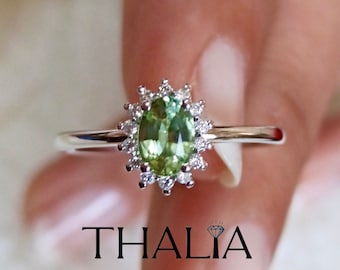 14K-Gold Sapphire Ring, Oval Green Sapphire Ring with Surrounding Diamonds, Natural Green Sapphire and Diamond Ring,Valentine's Day Gift,her
