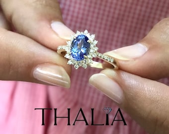 Tanzanite Ring, 14K Gold Oval Tanzanite Ring,Yellow Gold Unique Engagement Ring,Naturel Tanzanite Ring, Diamond  Art Deco Women Ring,Natural