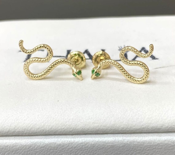 Gold Snake Earrings 14k Solid Gold Emerald stud Snake Earrings in 14K Solid Gold animal Jewelry snake Earring diamond. Emerald Eye Etsy