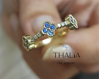 Clover Ring / Half Eternity Blue Sapphire and Diamond Ring in 14k Gold / Stacking Ring /Blue Sapphire Stackable Ring / September Birthstone,