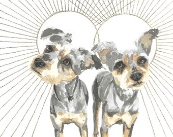 Portrait personnalisé de plusieurs animaux de compagnie : peinture chien et chat avec feuille d'or