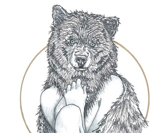 Bear goddess print: bear art, bear illustration, pen and ink, gold leaf, animal illustration, goddess art, animal woman, bear woman