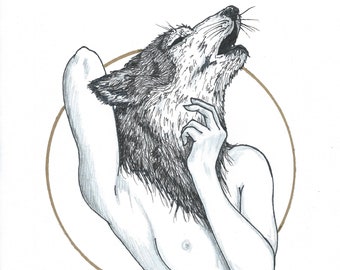 Wolf Goddess print, wolf art, wolf illustration, animal lady, wolf howling, gold leaf, animal art, spirit animal art, animal illustration