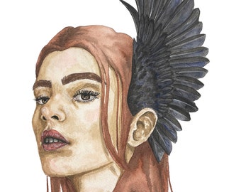 Impression aquarelle d'Aisling, art de rêve d'ailes d'ange corbeau
