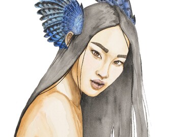 Phan, aquarelle originale de femme ange, ailes de geai bleu