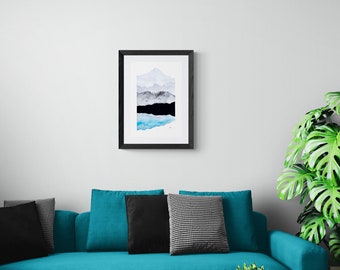 Aquarelle encadrée sur le lac de montagne : art paysager original